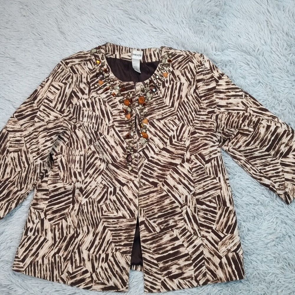 Vintage Chicos Jacket Womens 3‎ Brown Blazer Jeweled Bling Safari Casual Comfort
